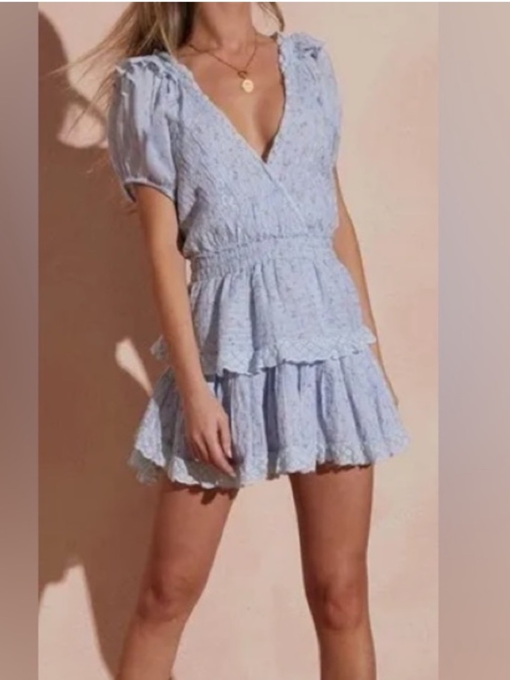 LoveShackFancy A-Line Dress
Blue -Floral Print
Short Sleeve with Plunge Neckline